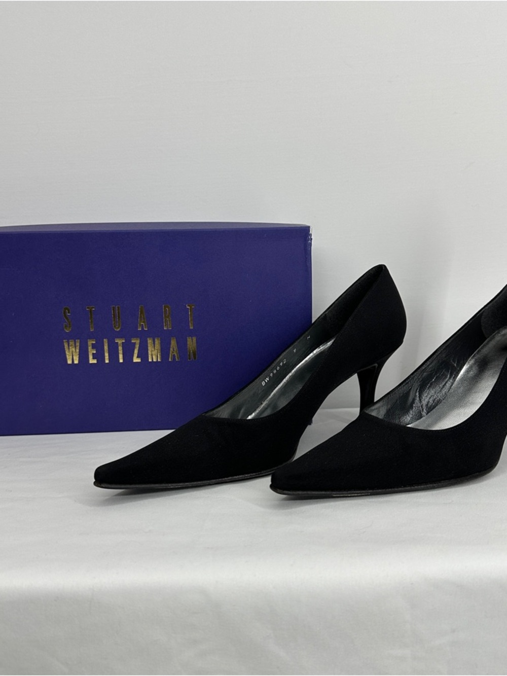Stuart Weitzman Black Pointed Toe Mid-Kitten Heel Pumps
